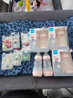 MAM baby bottles and paci